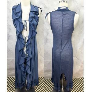 Vintage Y2K Zone Bleue Paris French Designer Duster Cardigan M Ruffle Blue Boho